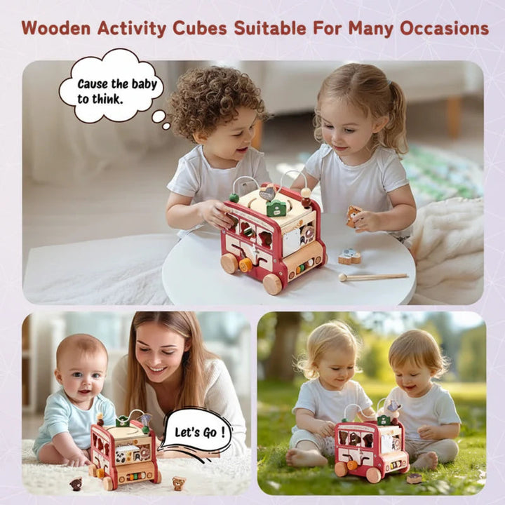 Children and a parent exploring the wooden activity bus indoors and outdoors