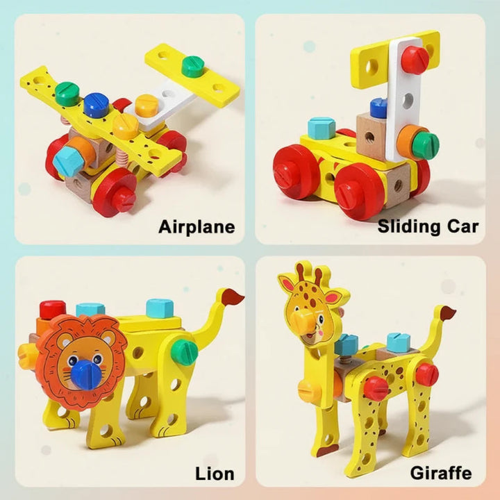 Wooden airplane, wheeled car, lion, and giraffe build examples