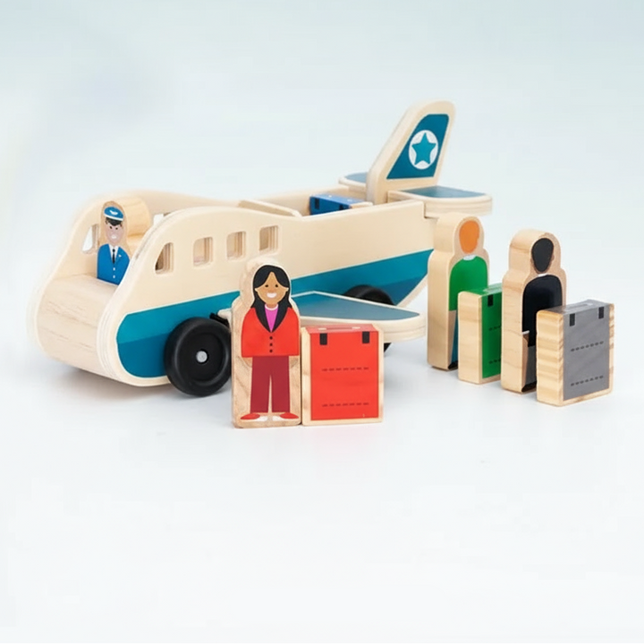 Wooden toy airplane with passenger figures and luggage pieces