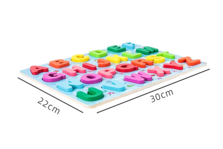 Angled view of the wooden alphabet puzzle showing its 30 x 22 cm dimensions