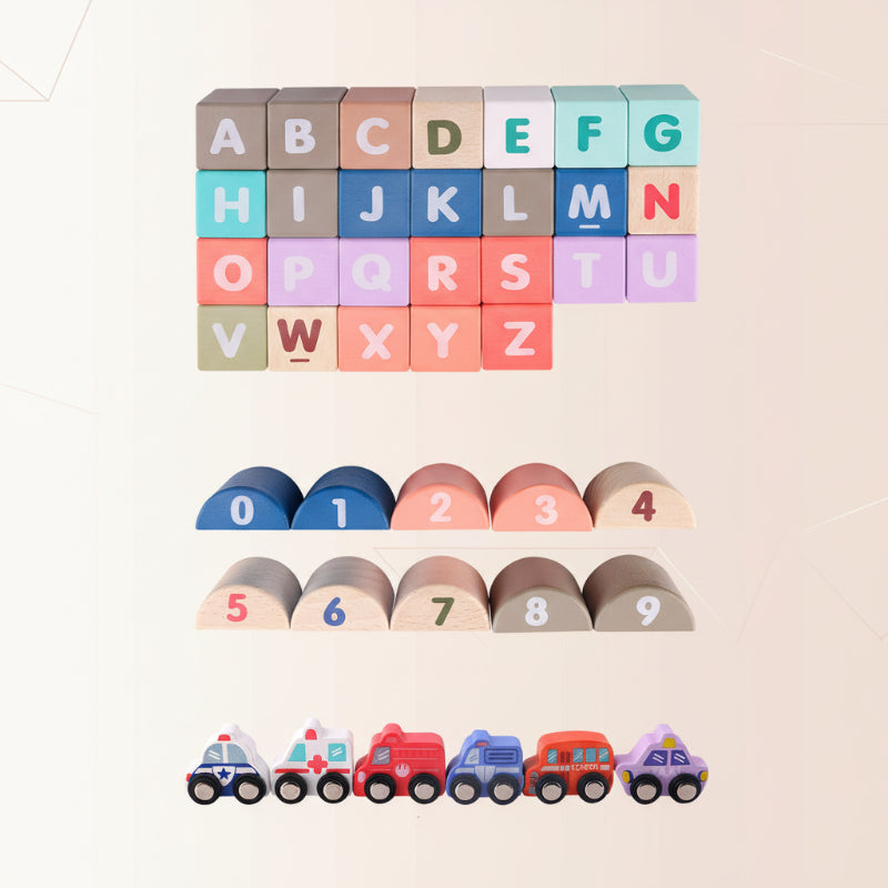 Wooden alphabet blocks, numbered semicircles, and toy vehicles arranged in rows