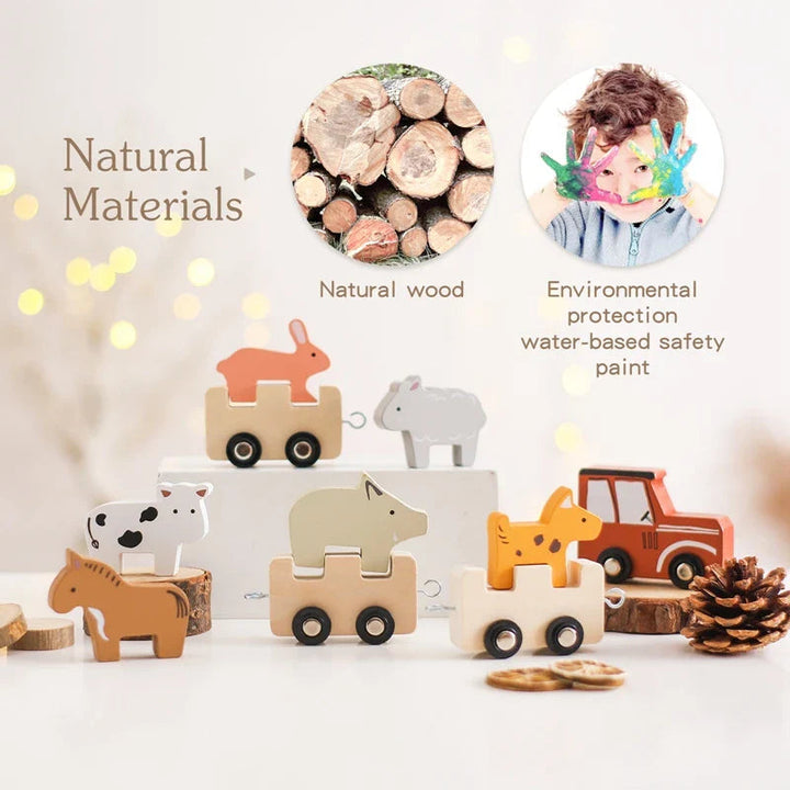 Wooden train cars holding animal figures, with loose animals beside the red engine.