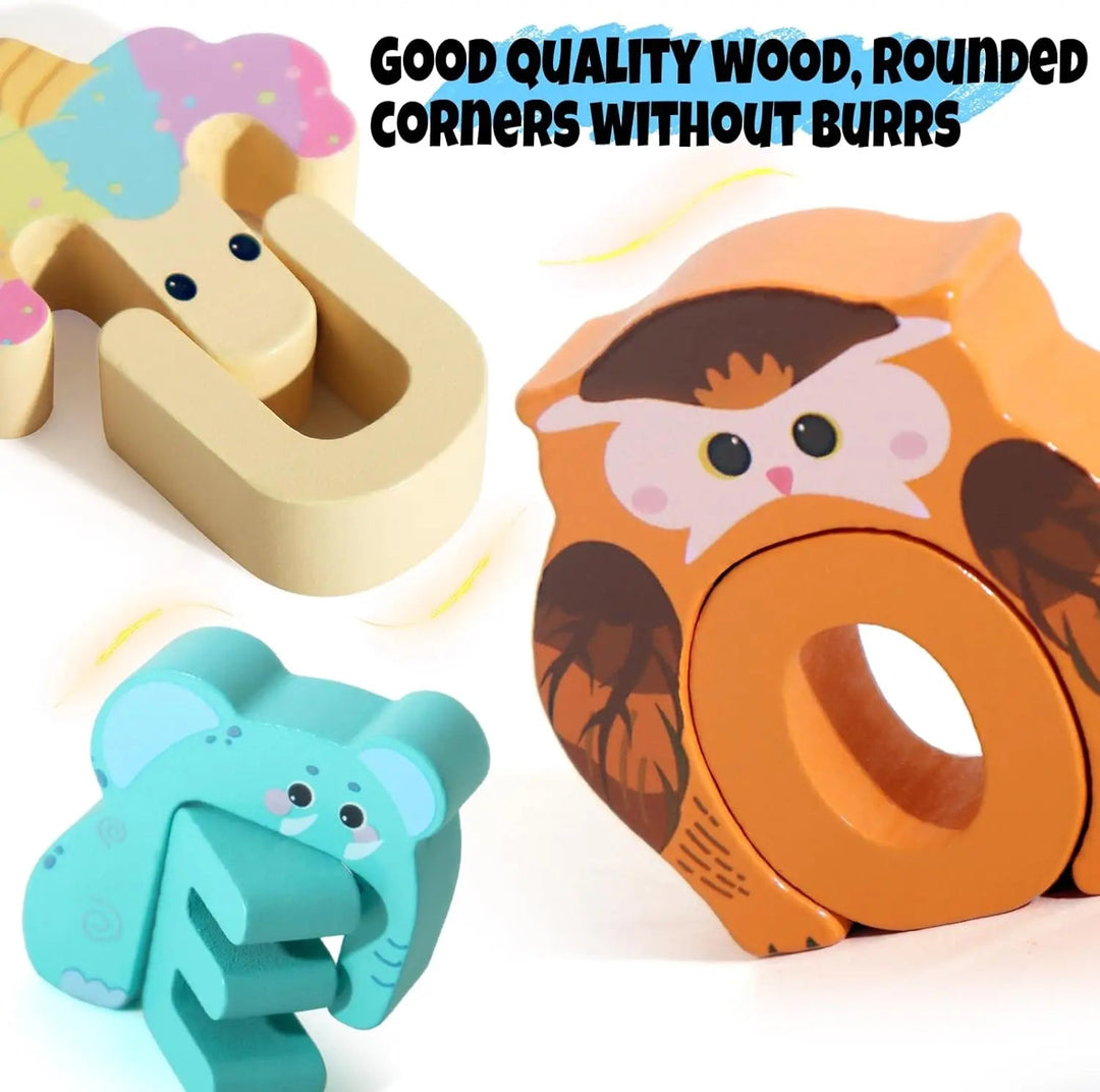 Close-up of colorful wooden animal alphabet puzzles with inset letters.