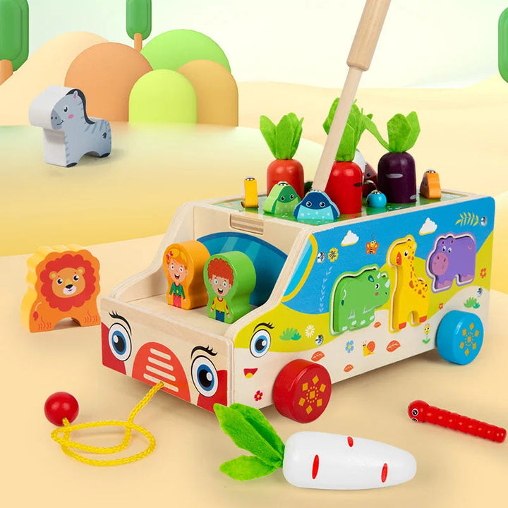 Wooden animal-matching bus with a pull cord, vegetable pieces, and a magnetic rod