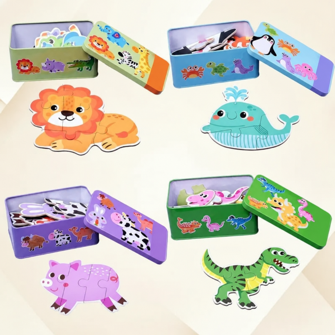 Open metal tins with completed lion, whale, pig, and dinosaur wooden puzzles