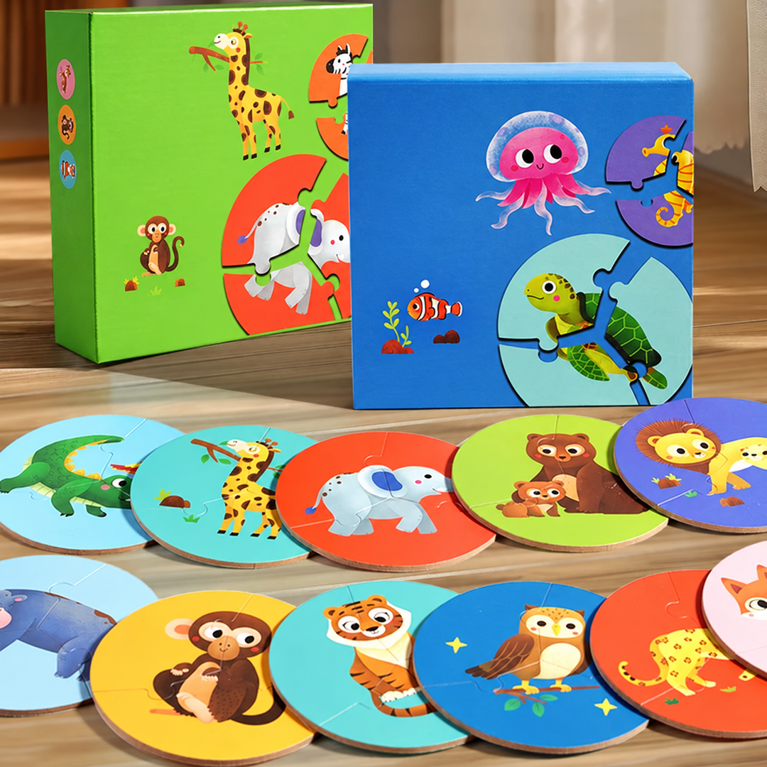 Forest animal and sea creature wooden puzzle sets with green and blue boxes
