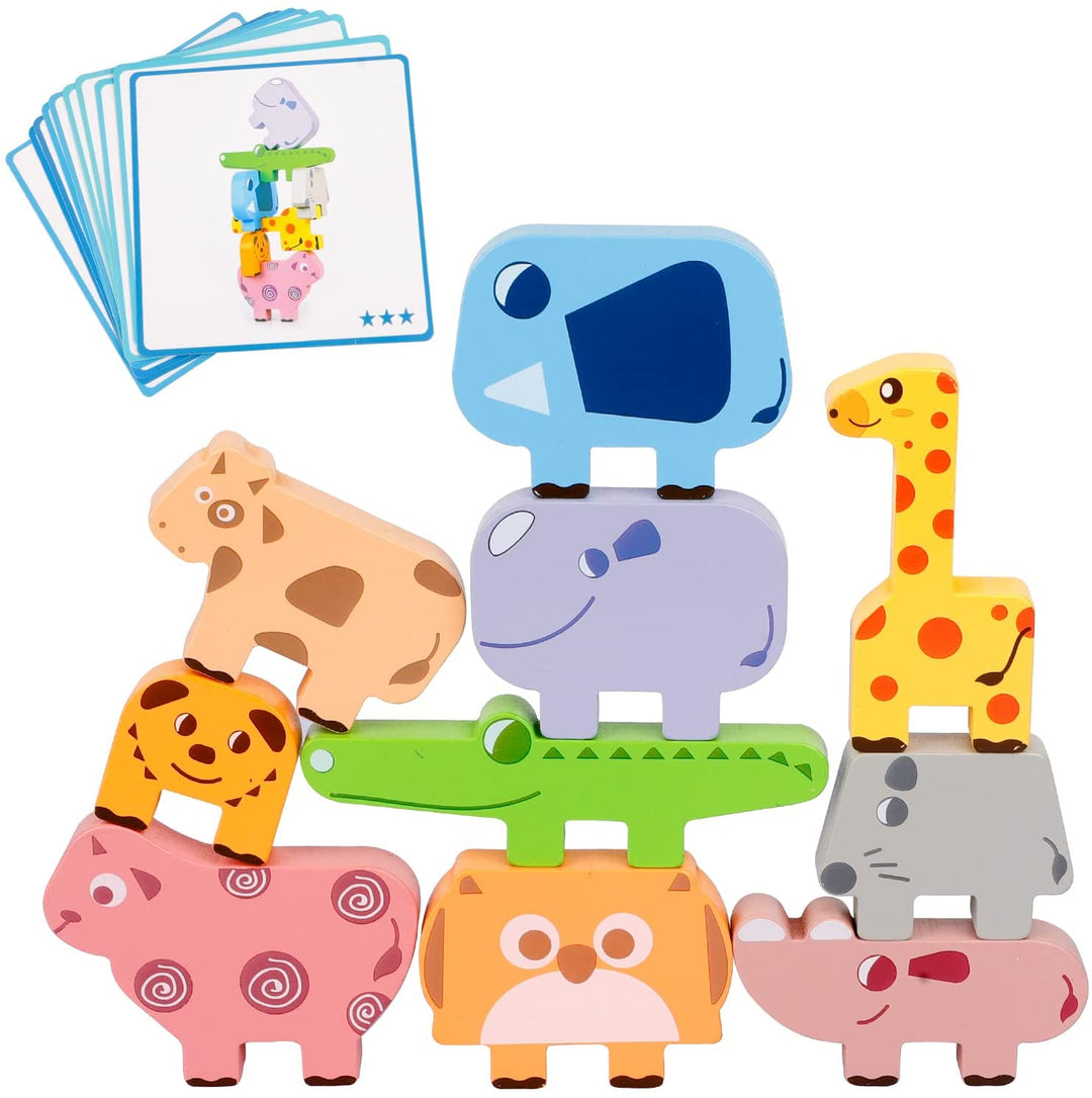 Colorful wooden animal blocks arranged beside a stack of pattern cards