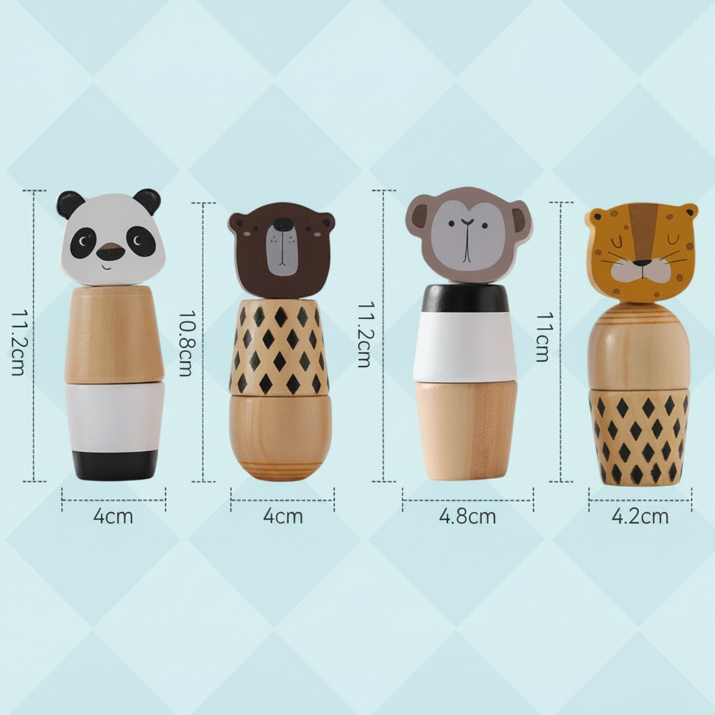 Size chart comparing the height and width of four wooden animal stacking toy designs