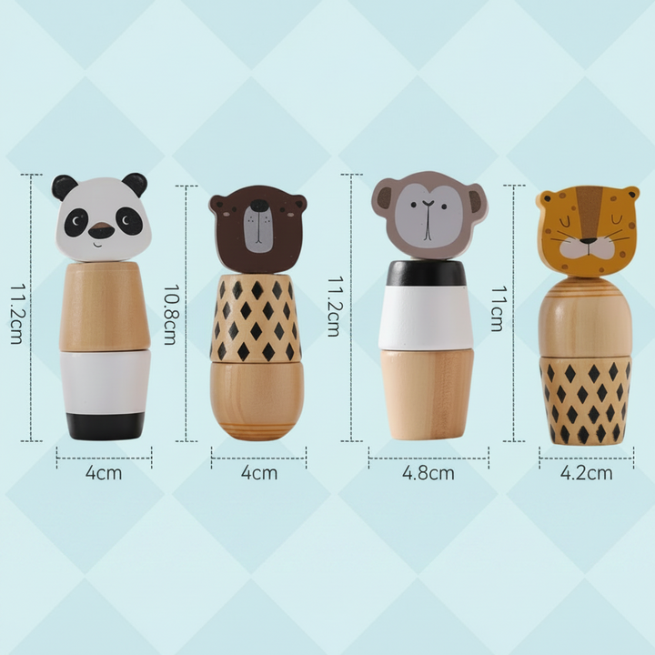 Size chart comparing the height and width of four wooden animal stacking toy designs