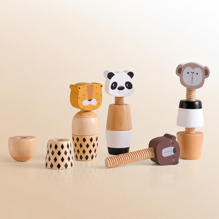 Wooden animal stacking toys with removable body sections and exposed threaded posts