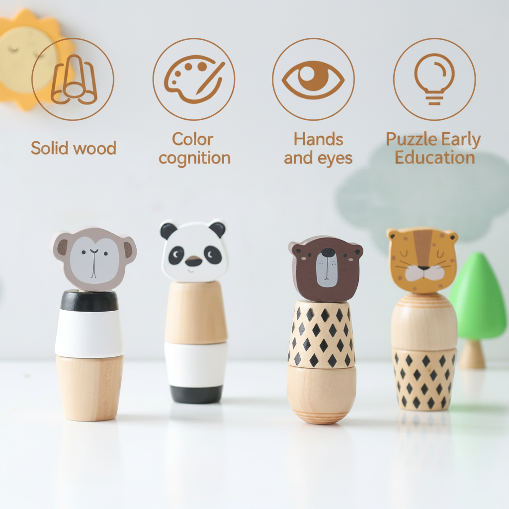 Monkey, panda, bear, and tiger wooden stacking toys lined up on a tabletop