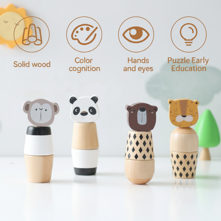 Monkey, panda, bear, and tiger wooden stacking toys lined up on a tabletop