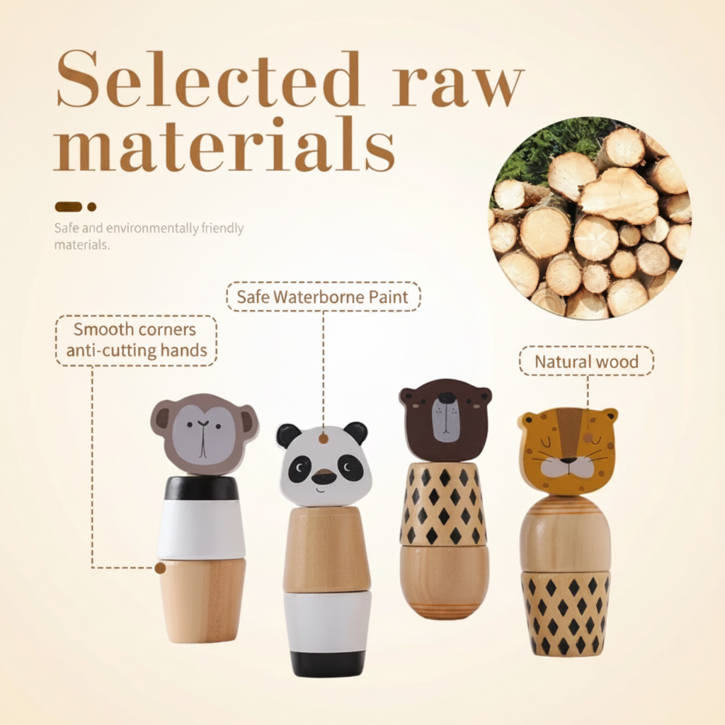 Four wooden animal stacking toys shown beside a cut-log material detail