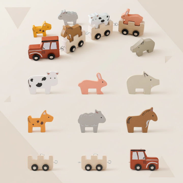 Wooden animal train with a red engine, wheeled cars, and six animal figures