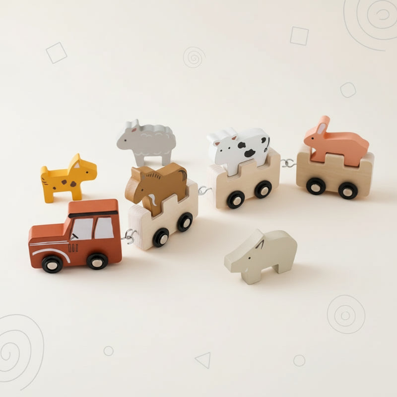 Wooden animal train with a red lead vehicle, three cars, and animal figures