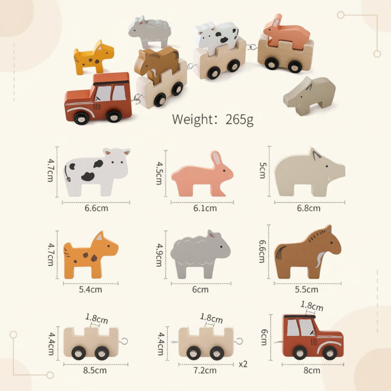 Animal train measurement chart with a red engine, wooden cars, and six animal figures