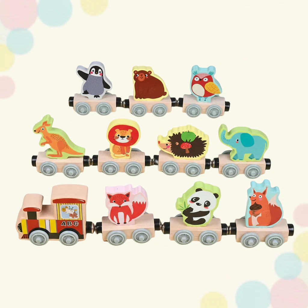 Wooden magnetic train set with one engine and ten colorful animal cars arranged in three rows