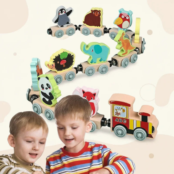 Colorful wooden animal train with a locomotive, magnetic animal cars and two children
