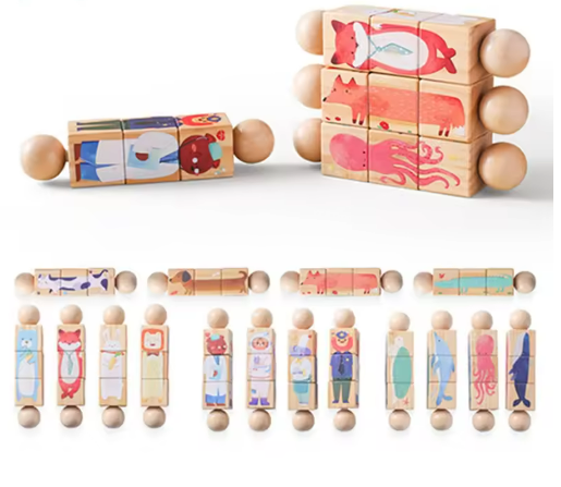 Wooden rotating animal puzzles stacked and lined up to show different picture combinations