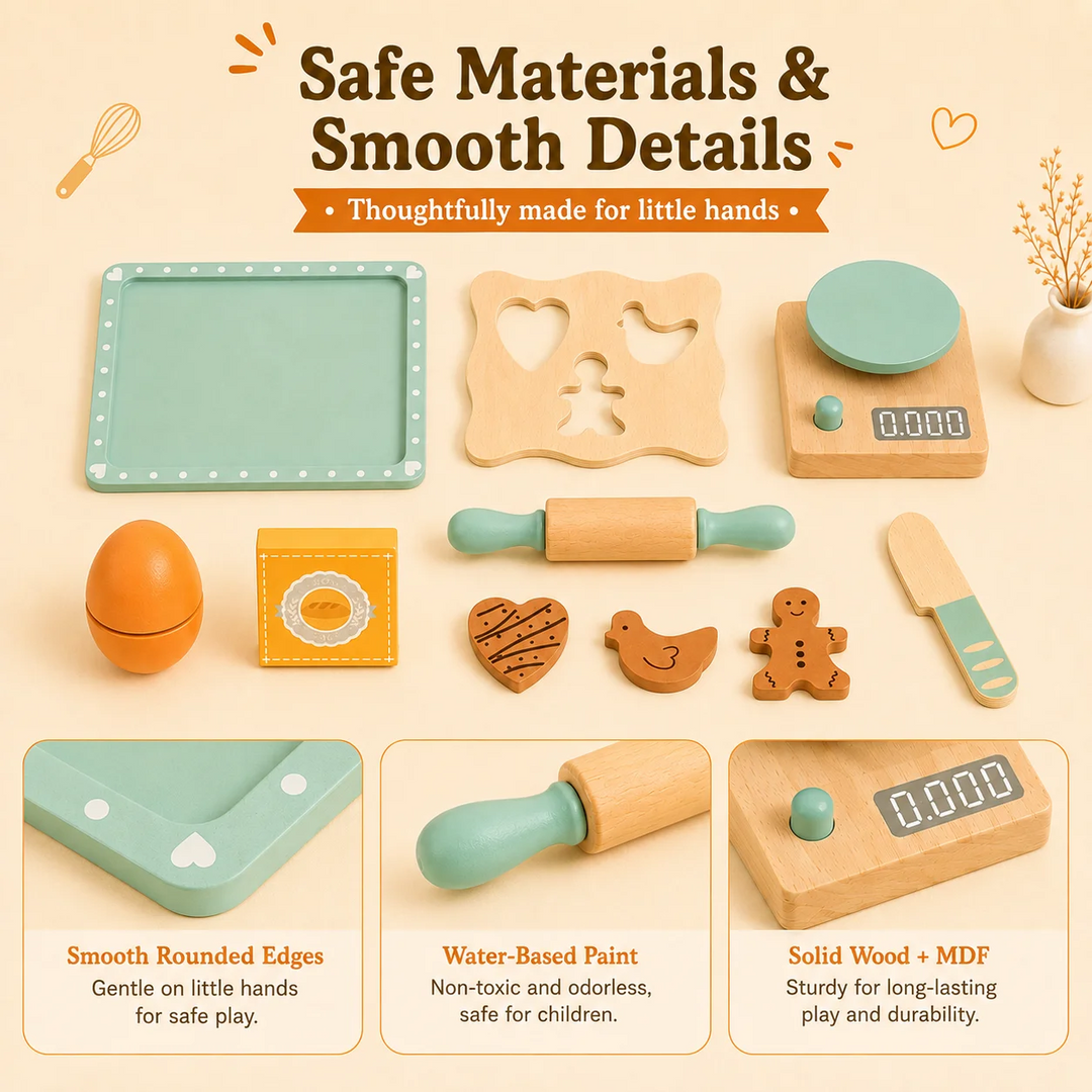 Wooden baking set with close-ups of the tray edge, rolling pin handle, and pretend scale