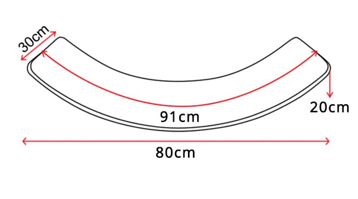 Balance board diagram showing a 91 cm curved length, 80 cm span, 30 cm width, and 20 cm height