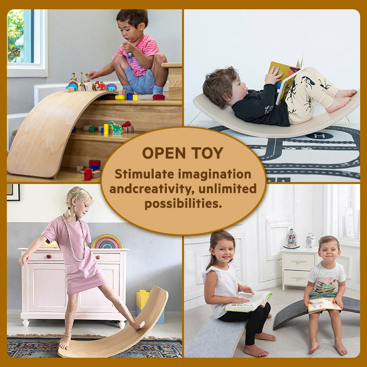 Children using a wooden balance board as a ramp, rocker, reading seat, and bridge