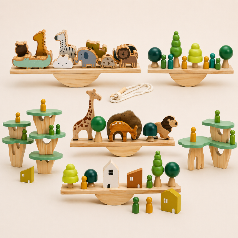 Wooden balancing toy designs with animal, house, forest, and tiered tree pieces
