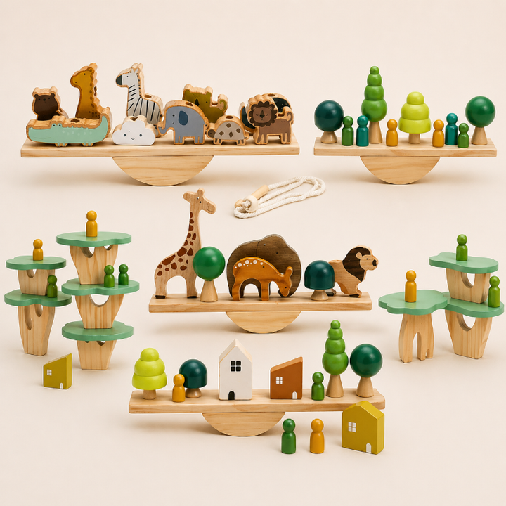 Wooden balancing toy designs with animal, house, forest, and tiered tree pieces