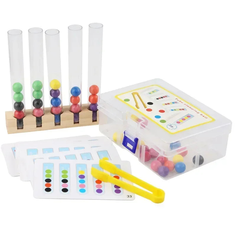 Wooden ball sorting game with a five-tube rack, yellow clip, pattern cards and storage box