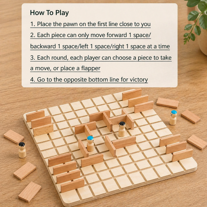 Wooden strategy game with a how-to-play guide showing movement and barrier placement