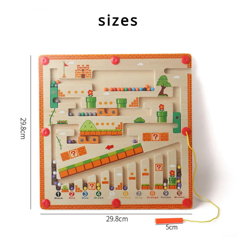 Size graphic showing the 29.8 by 29.8 cm puzzle board and 5 cm magnetic pen