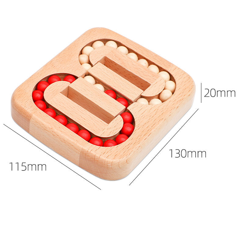 Wooden bead puzzle measurement diagram showing dimensions of 11.5 x 13 x 2 cm.