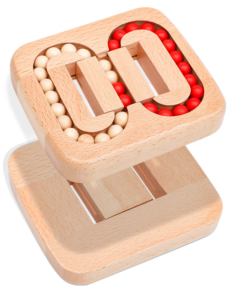 Exploded view of the wooden bead puzzle showing the track section above its base.