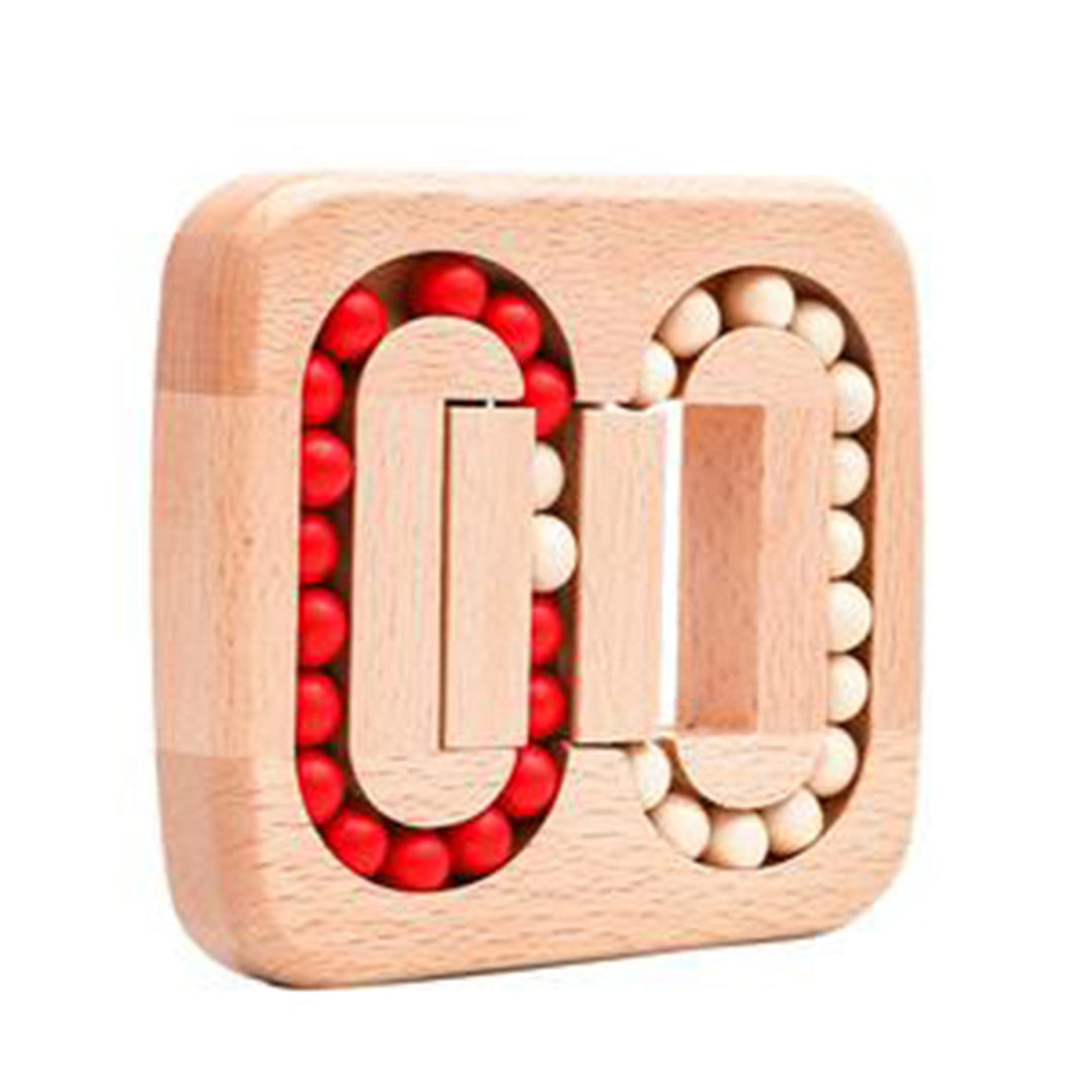 Front view of the wooden bead puzzle with red and beige beads in two oval tracks.