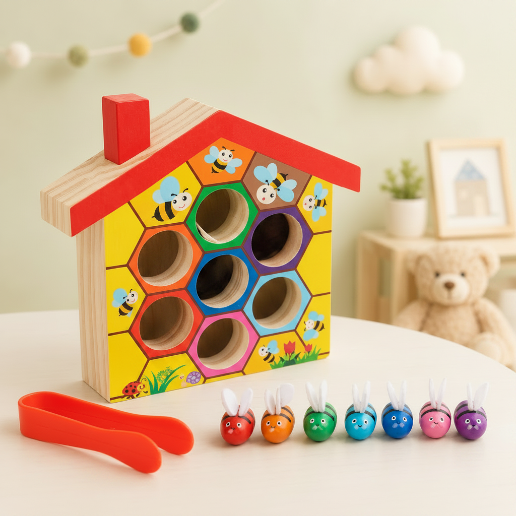 Wooden bee sorting hive with seven colorful bees and red tweezers on a table