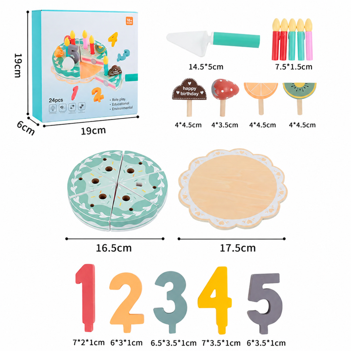 Dimensions and contents chart for the wooden cake, tray, candles, number decorations, and toy slicer