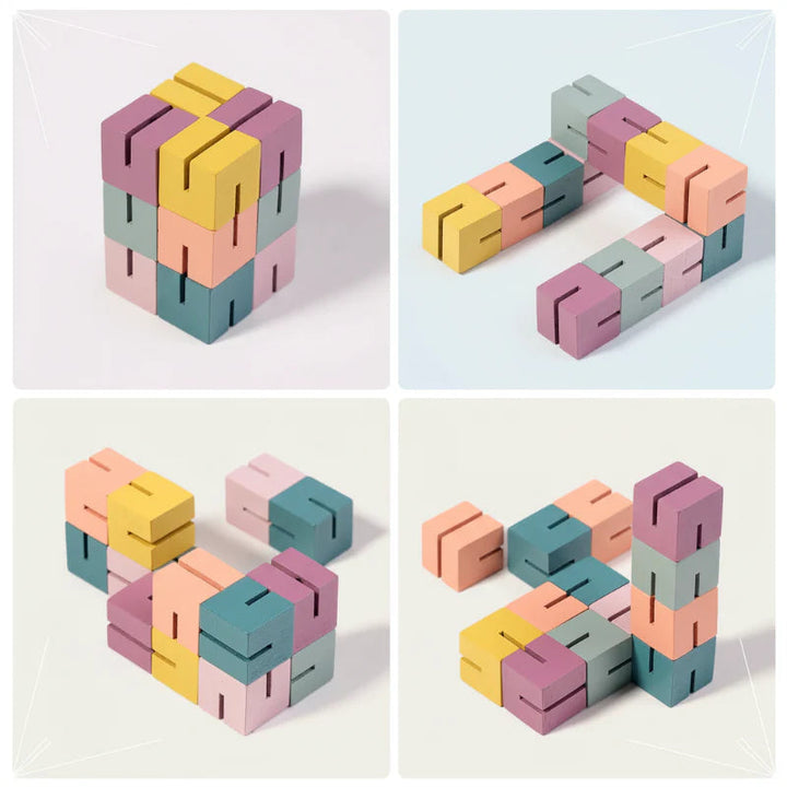 Four 3D wooden block puzzle builds, including a compact stack and upright structures
