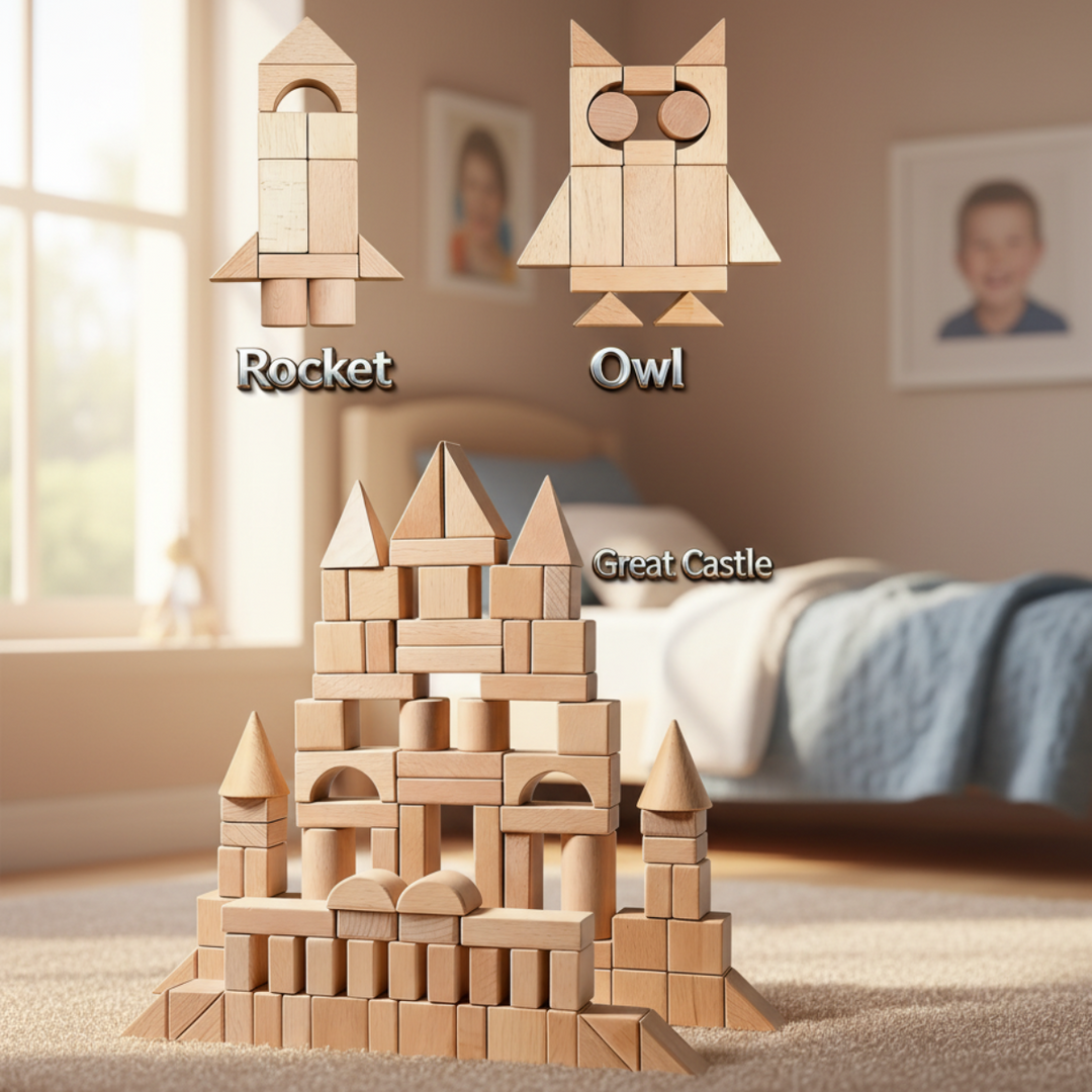 Natural wooden blocks arranged as a rocket, owl, and tall castle