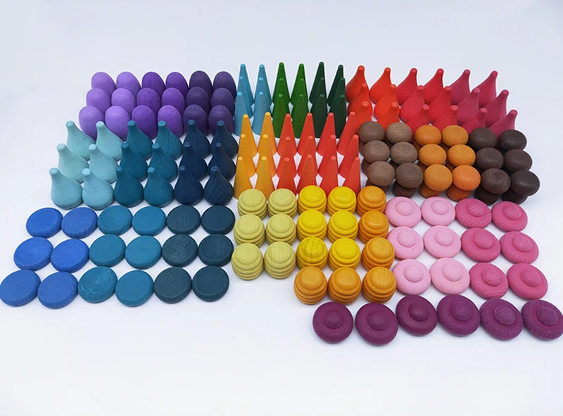 162-piece set option with multicolored wooden shapes arranged in rows