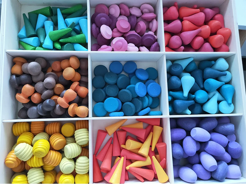 324-piece set option with colorful wooden shapes sorted into nine compartments
