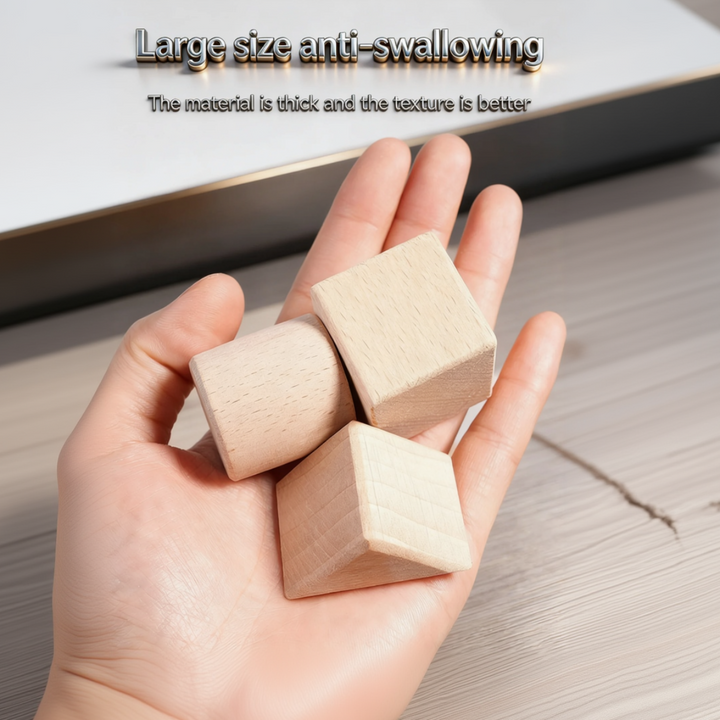 Hand holding natural wooden blocks with cube, rectangular, and cylinder shapes