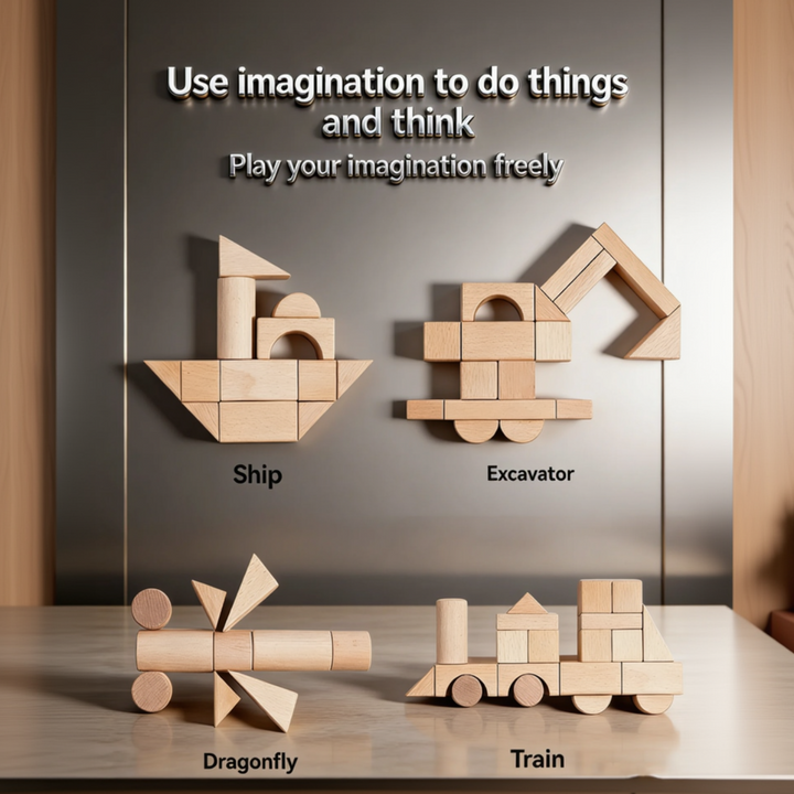 Wooden blocks arranged as a ship, excavator, dragonfly, and train