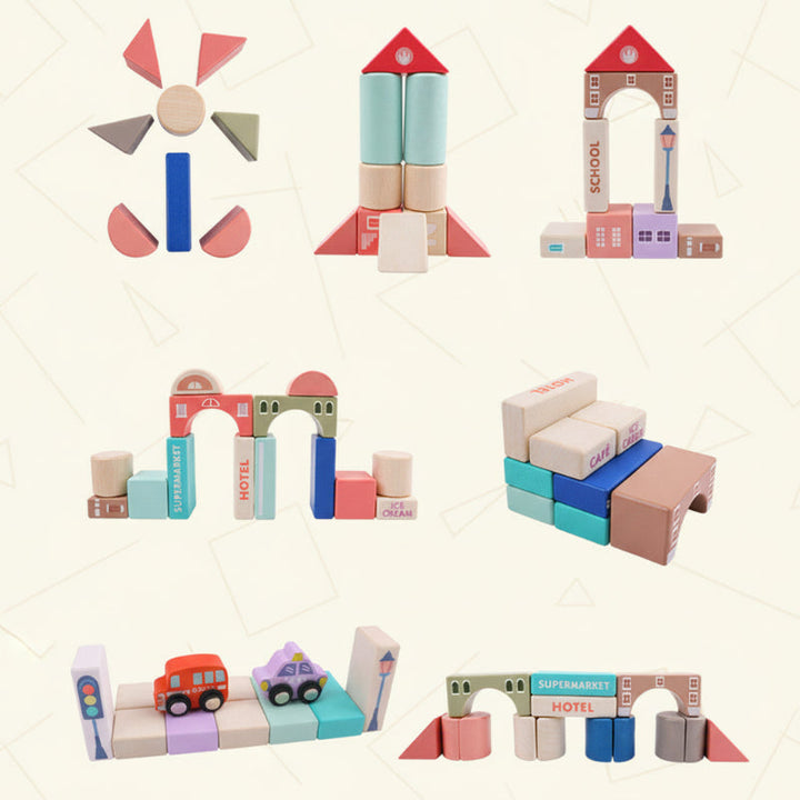 Windmill, rocket, bridge, and other structures built from colorful wooden blocks