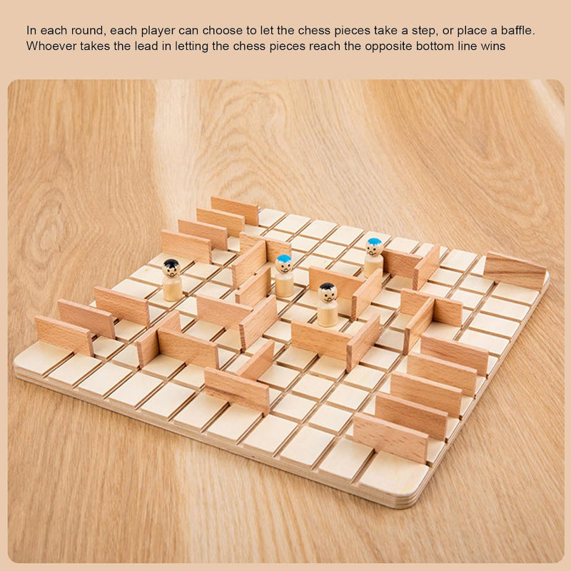 Wooden strategy board with an explanation of moving pawns or placing barriers