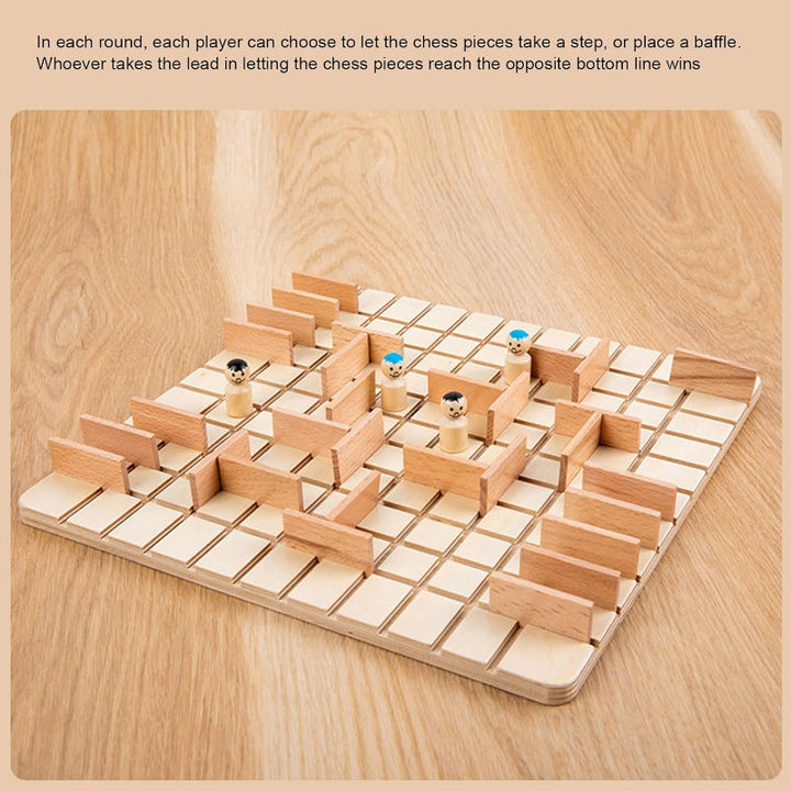 Wooden strategy board with an explanation of moving pawns or placing barriers