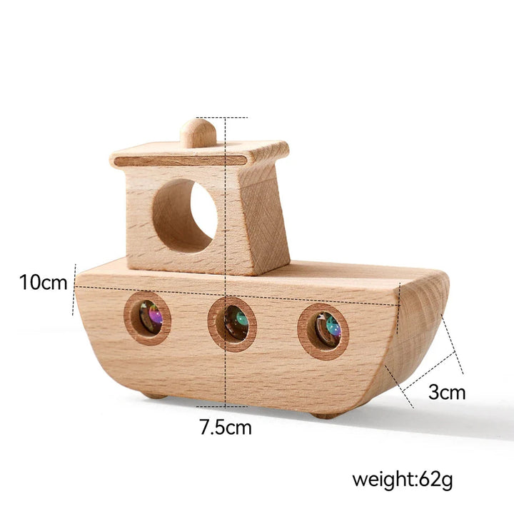 Wooden boat measurement graphic labeled 10 x 7.5 x 3 cm and 62 g.