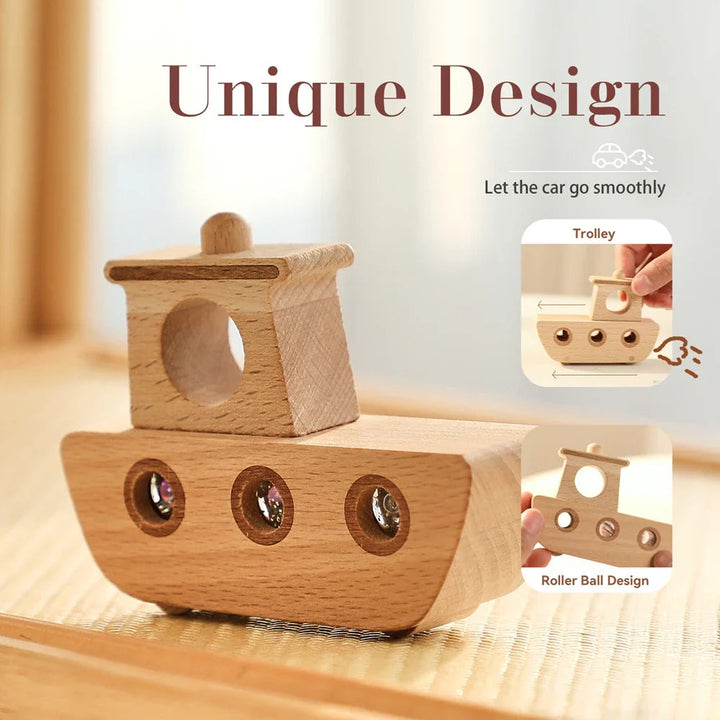 Wooden toy boat on a tabletop with insets showing a hand pushing the boat and its rolling marbles.