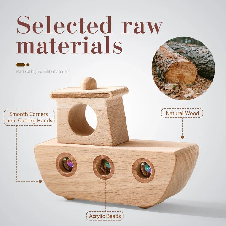 Wooden boat with callouts highlighting the wood body and acrylic marbles.