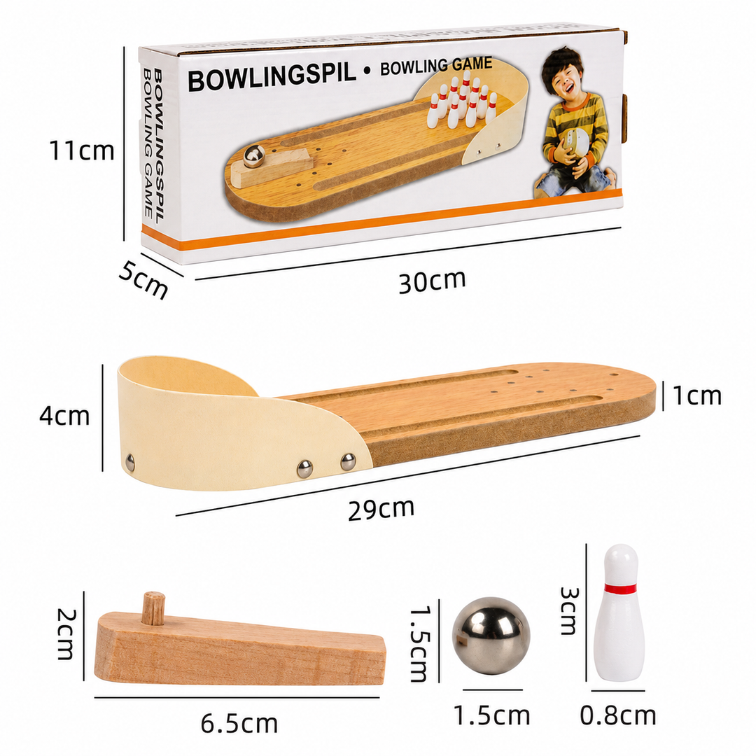 Measurement chart for the 29 cm bowling lane, launch ramp, ball, pins, and game box