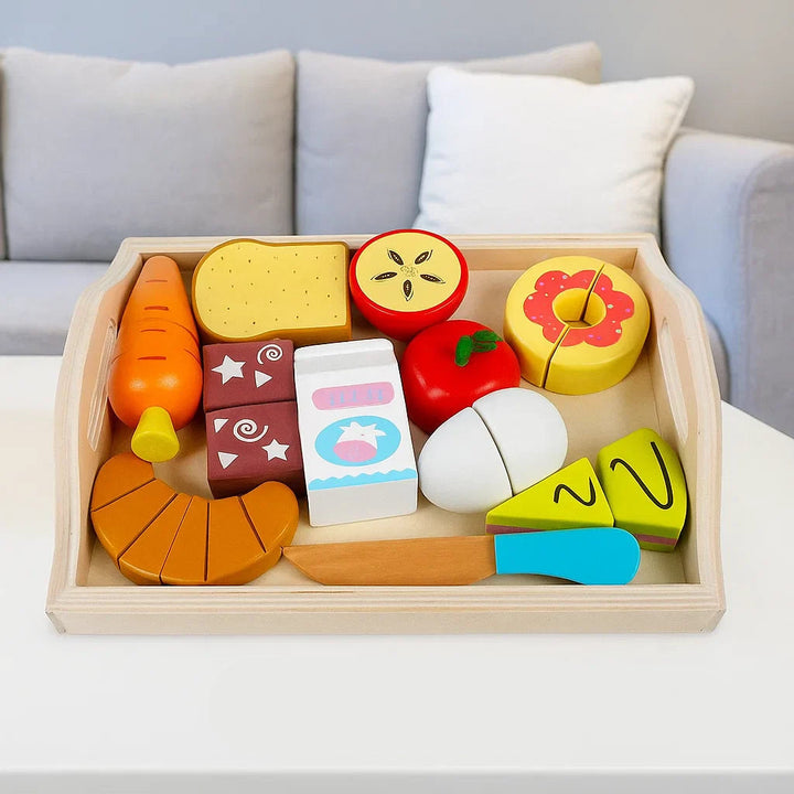 Breakfast-themed wooden play food in a tray with bread, an egg, a milk carton, and a toy knife